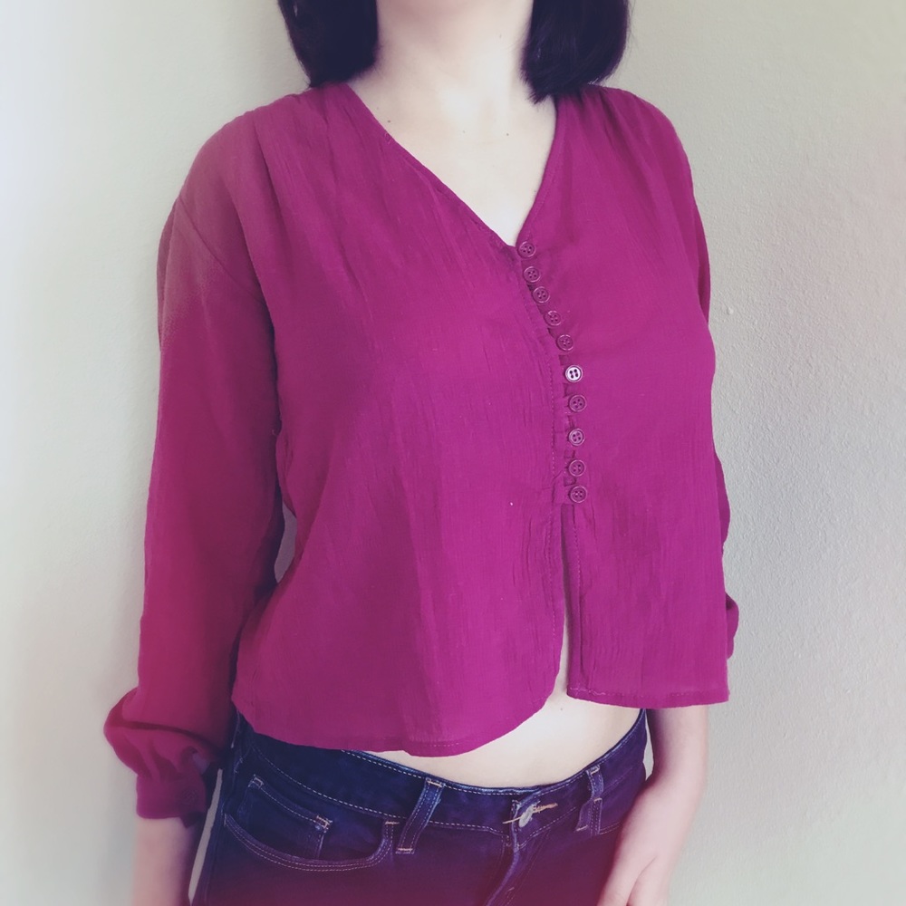 Vtg 70s Blouse V-Neck Long Sleeves Front Buttons